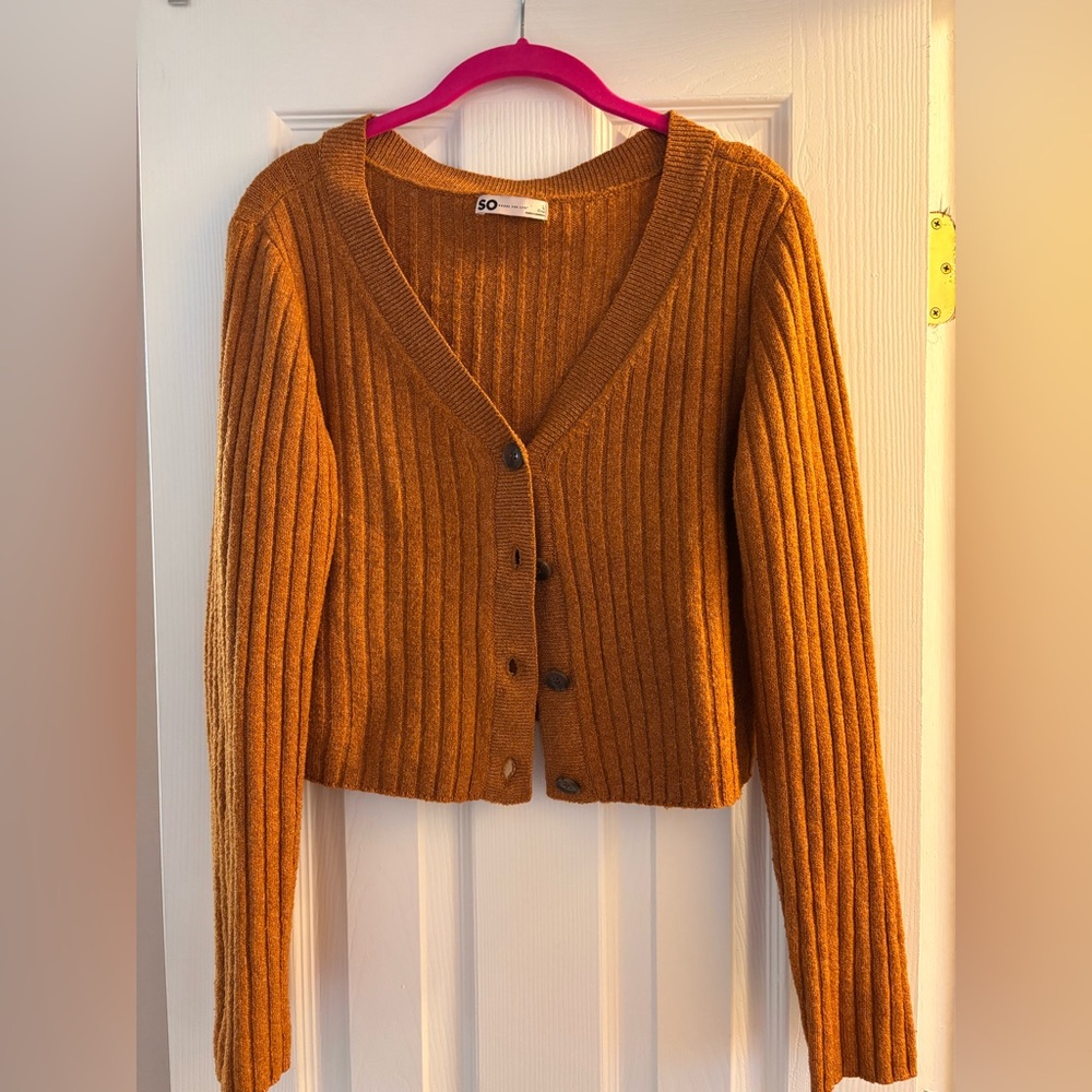 SO Goods for Life Women's Ribbed  Button Up Cropped Cardigan - Rust
